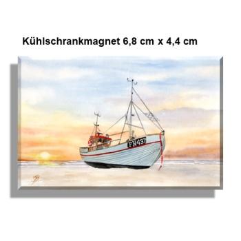 Kühlschrankmagnet  Fischerboot im Sonnenuntergang  Aquarell Maritim Kunst Druck Kunstdruck Dänemark Nordsee  Düne Meer Möwe Strand